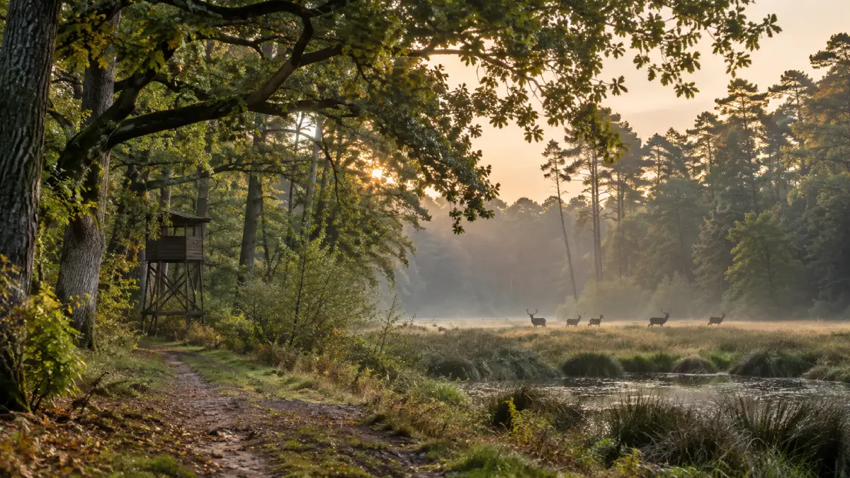 Observatoire en bois au lever du jour, cerfs dans la clairière brumeuse et étang bordé de roseaux dans la forêt de Chambord.